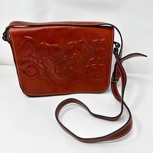 Patricia Nash Tooled Leather Crossbody Bag – Floral Embossed, Cognac Brown